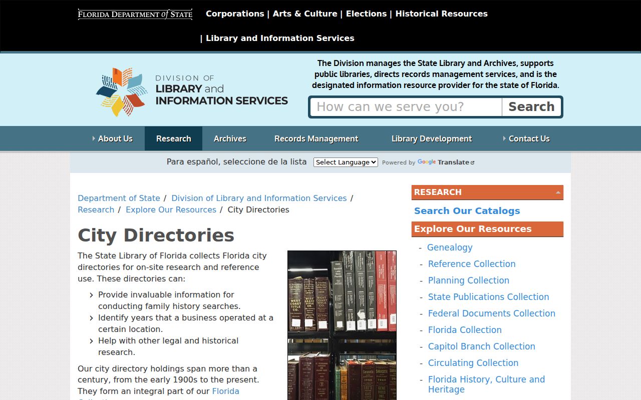 State Library of Florida city directory collection research page