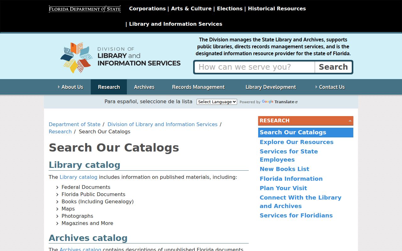 Florida State Library and Archives catalog search choices for Dunedin research