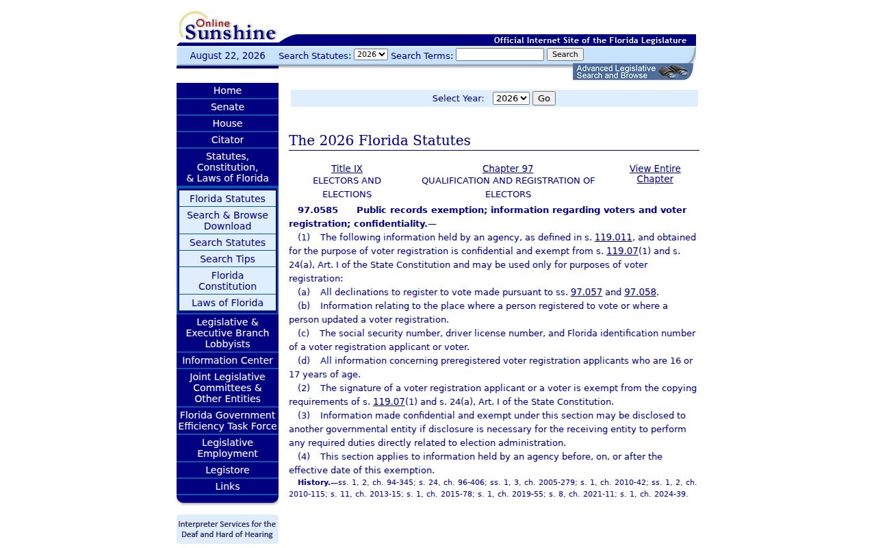 Florida voter confidentiality statute relevant to Dunedin neighbors research