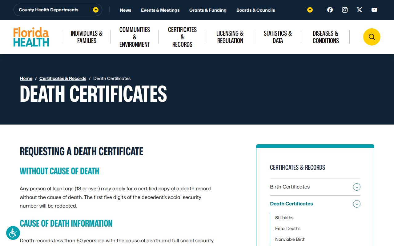 Florida death certificate access page for former Dunedin resident research