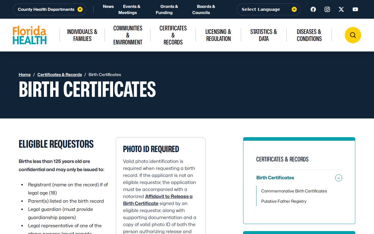 Florida birth certificate request information used in Dunedin family history research