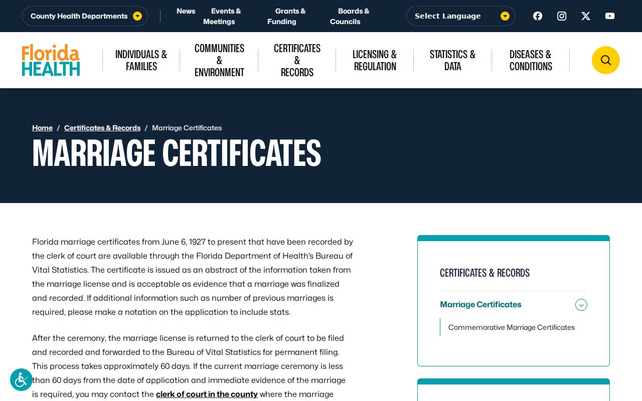 Florida marriage certificate search information for Dunedin previous residents