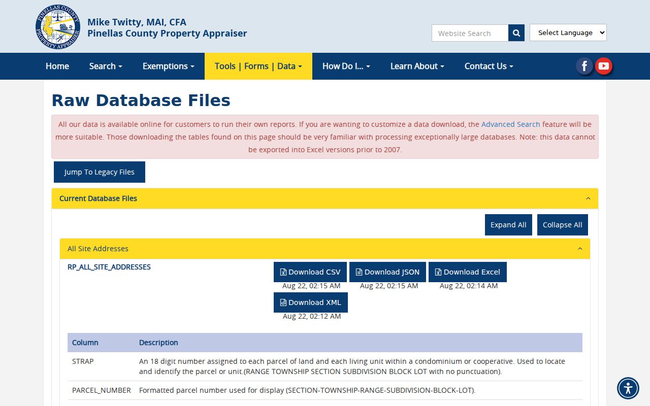 Pinellas parcel data download page documenting street and owner address fields